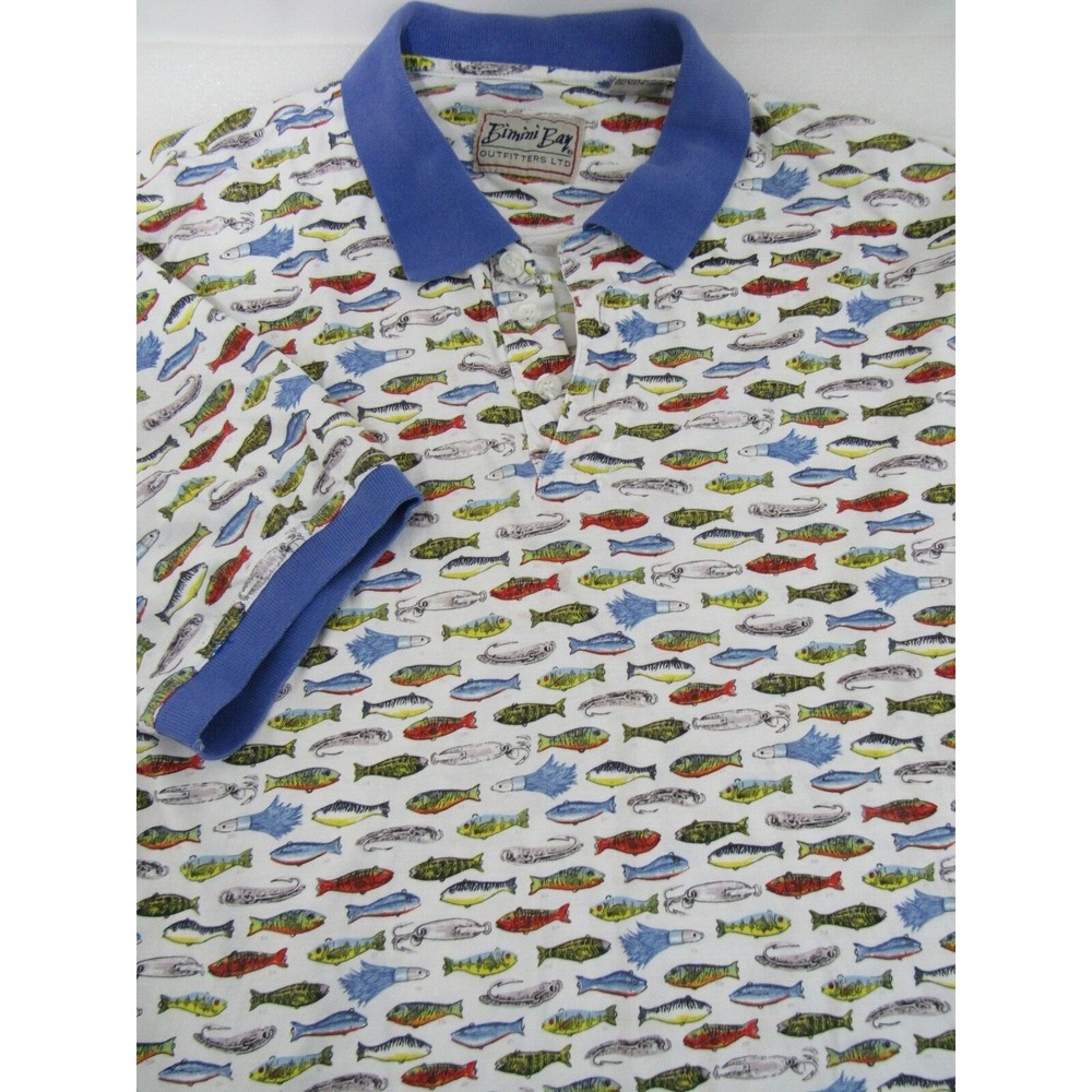Bimini Bay Outfitters Men's L T-shirt Fish Pattern Button Short Sleeve Polo